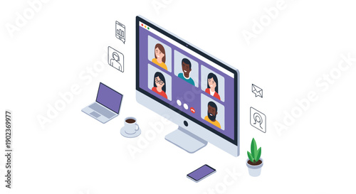 Computer Monitor Showing Video Conference with Multiple Participants for Remote Work and Online Meeting