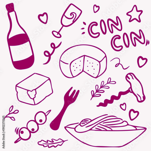 Wine Tasting Doodle Illustration Set with Bottle Cheese and Corkscrew Hand Drawn Style
