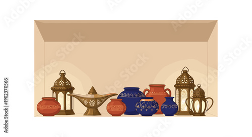 Shelf with Collection of Ornate Middle Eastern Lanterns and Ceramic Pots for Home Decor Concept