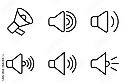 Assortment of speaker and megaphone icons representing sound and communication, vector graphics