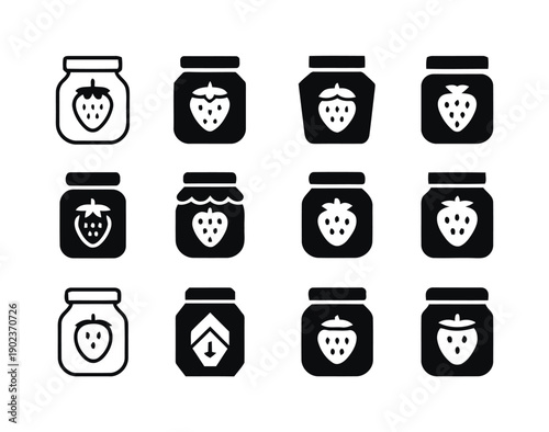 Assortment of strawberry jam jars in various styles for food and recipe illustrations