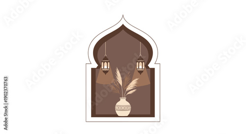 Middle Eastern Style Archway with Hanging Lanterns and Vase with Feathers for Cultural Interior Theme