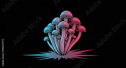 Vibrant cluster of mushrooms with neon glow on black background digital art illustration