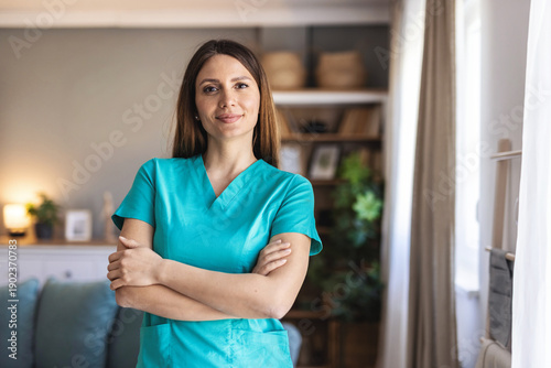 Happy, confident or nurse in healthcare, clinic or support as wellness, medicine or service. Woman, health professional or arms crossed in pride, joy or ambition at at specialist medical career.