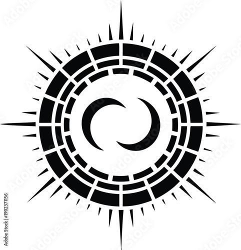 Black tribal sun and moon tattoo design with geometric circles and sharp spikes creative vector illustration.