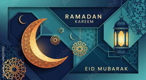 Ramadan kareem eid mubarak greeting card with crescent moon lantern and islamic patterns on blue background