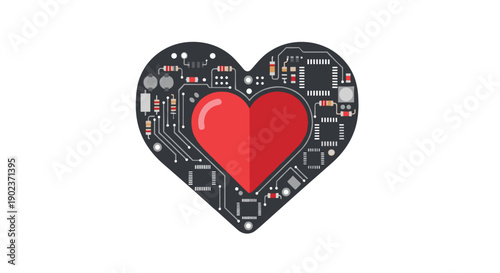 Black Heart Shape with Internal Red Heart and Circuit Board Elements for Digital Life Concept