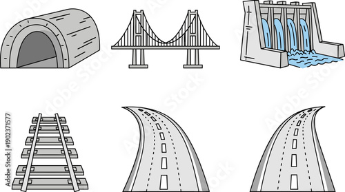 Civil Engineering and Urban Infrastructure Icon Set, Construction Flat Vector Illustrations