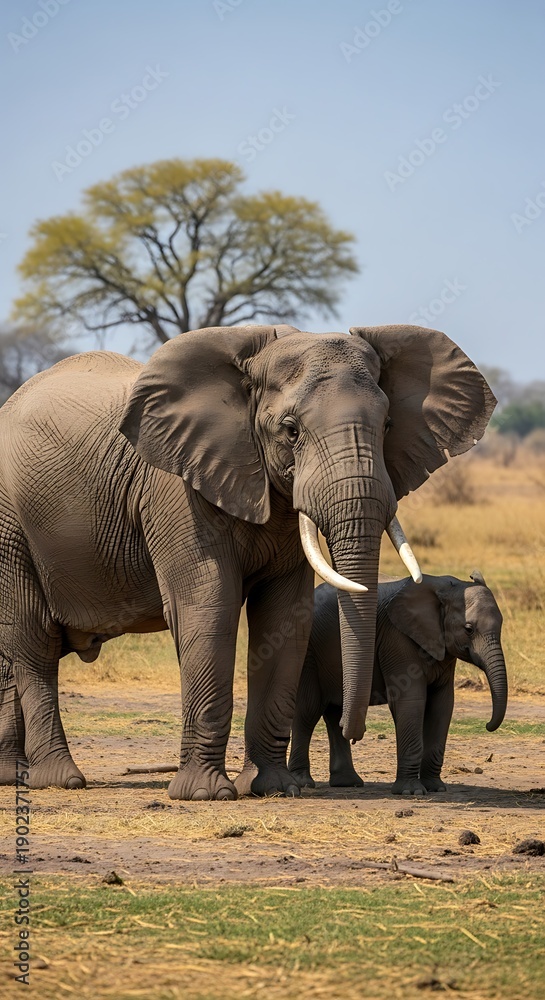 Fototapeta premium Adult and baby elephants stand together in dry grassland.