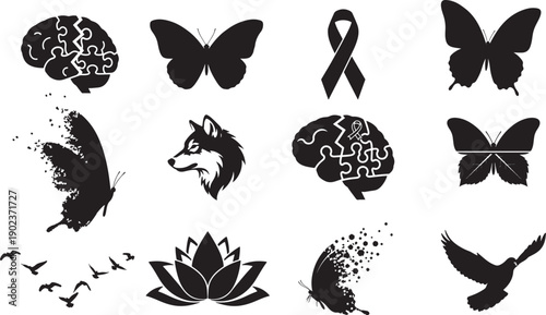 Black silhouettes of butterflies and birds in flight with awareness ribbon