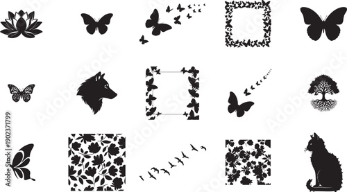 Collection of elegant black animal and nature silhouettes for design
