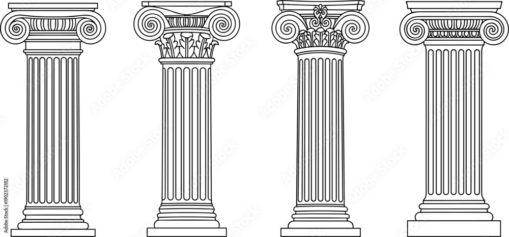 Obraz premium Ancient Greek and Roman Classical Columns Set, Architectural Pillars Flat Vector Illustration
