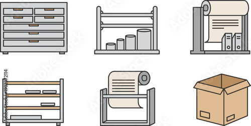Warehouse Logistics and Packaging Equipment Set - Flat Vector Storage and Shipping Icons