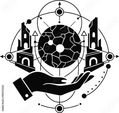 Creative mystical hand holding cracked sphere planet between ruined towers with geometric lines.