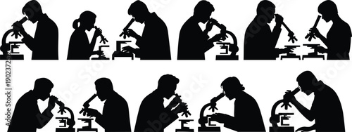 Scientists and researchers working with microscopes silhouette collection, laboratory science concept, medical research teamwork, education and technology illustration isolated on white background