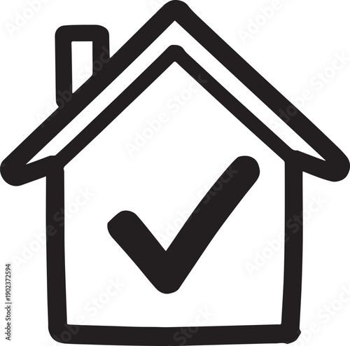 A simple illustration of a house with a check mark inside, symbolizing confirmation, approval, or completion.