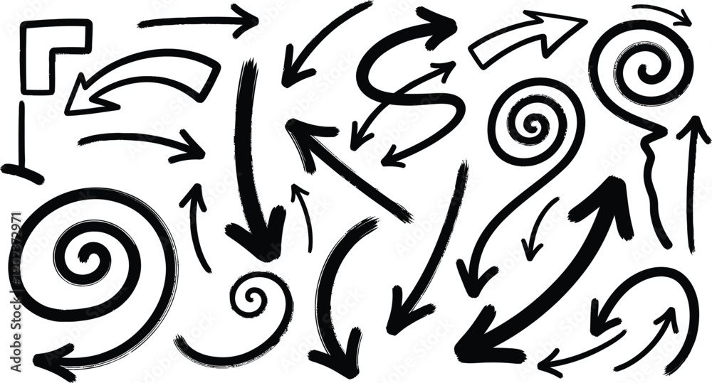 Fototapeta premium A collection of hand-drawn arrows and swirls on a white background