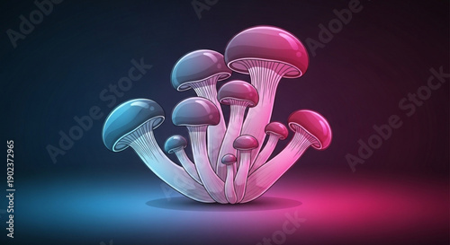 Cluster of vibrant mushrooms illuminated with neon blue and pink lighting against a dark background creating a futuristic atmosphere