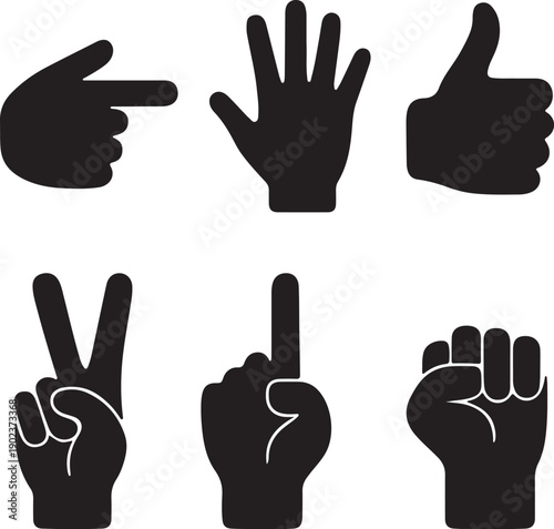 Hand gesture silhouette icon set pointing, thumbs up, peace sign and fist symbols vector illustration