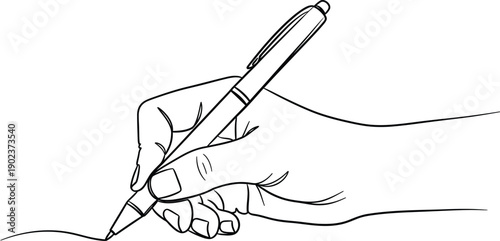 A hand delicately holding and using a pen to write depicted as a minimalist sketch on transparent background silhouette high quality