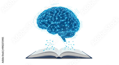 Digital Glowing Brain Icon Hovering over Open Book Representing Knowledge Learning and Intelligence