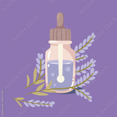 Soothing lavender essential oil in a glass dropper bottle. Perfect for designs focused on sleep aid, relaxation, and natural herbal medicine.