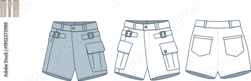 Cargo shorts CAD drawing, flat vector fashion illustration with buckle accents, flap side pockets, back flaps, front and back outlines