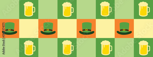 Saint Patrick’s Day Geometric Bauhaus Seamless Pattern with Beer and Leprechaun Hat – Modern Irish Holiday Tile