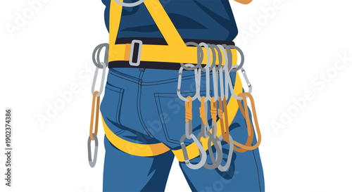 Back View of Worker Wearing Safety Harness with Many Carabiners and Climbing Gear for Industrial Work