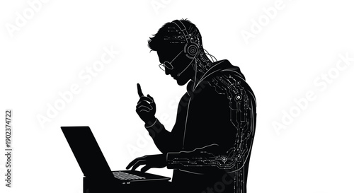 Silhouette of a cybernetic coder wearing a headset and interacting with a laptop computer