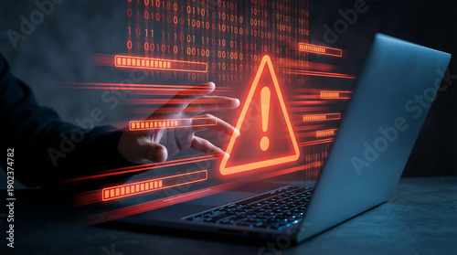 Hand reaching towards a laptop displaying a digital warning sign with binary code overlay, indicating a cyber security breach or threat.
