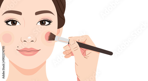 Close Up of Woman Face with Makeup Brush Applying Pink Blush to Cheek for Beauty Routine Concept