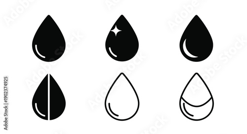Collection of six distinct water droplet icons presenting various design styles including filled outlined and sparkling variations