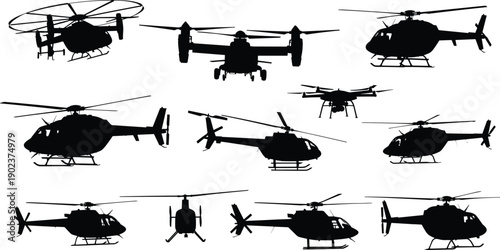 Collection of helicopter and drone silhouettes isolated on white background representing aviation technology, air transportation, military aircraft, and aerial surveillance concepts