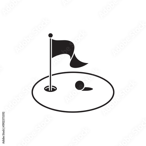 Golf ball rolling toward hole with flag on green grass illustration