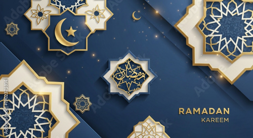 Ramadan kareem greeting card with golden crescent moon and star motifs on blue background elegant islamic design