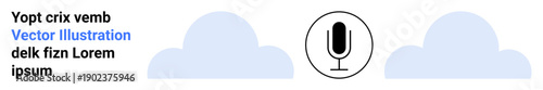 Digital technology, voice recognition, cloud computing, AI interaction, virtual assistants, data storage. Microphone icon between two cloud shapes. Voice recognition and cloud computing concepts
