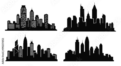 Four distinct black silhouette vector sets depicting modern metropolitan skylines against white backgrounds