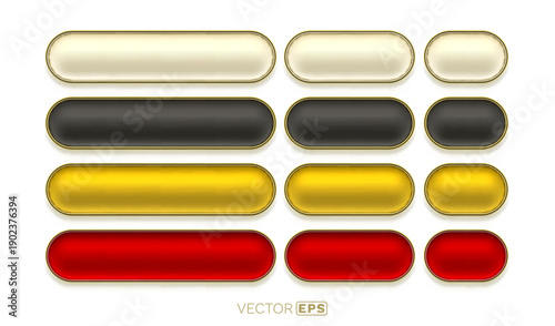 Modern glossy web buttons with golden frames in various colors and sizes, perfect for user interface design.