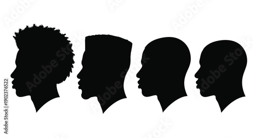 Collection of four diverse black men profiles showcasing various popular modern haircut styles silhouettes