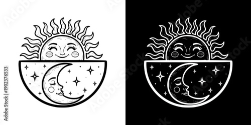 Sun and moon illustration with celestial patterns, isolated vector image, two design options on transparent and black backgrounds, pencil drawing, chalk drawing