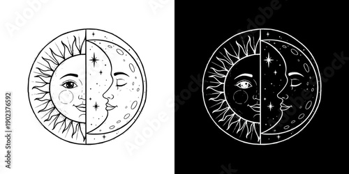 Sun and Moon illustration in black and white symbolizing Spring Equinox, isolated vector image, two design options on transparent and black backgrounds, pencil drawing, chalk drawing  
