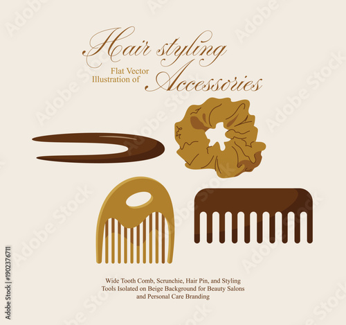 Flat Vector Illustration of Hair Styling Accessories: Wide Tooth Comb, Scrunchie, and Hair Pin Isolated on Beige Background for Beauty Salons, Haircare Branding, and Personal Care Graphic Design