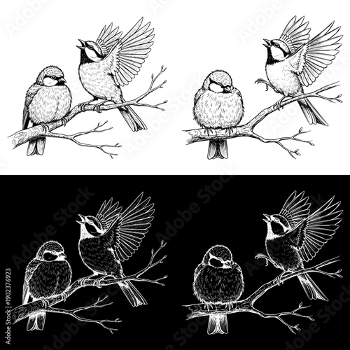 Two singing birds perched on branches, concept of Spring Equinox, monochrome isolated vector image, two design options on transparent and black backgrounds, pencil drawing, chalk drawing, image set   