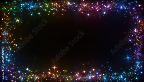 A black rectangular void surrounded by a colorful border of glittering, radiant particles, creating a dazzling frame effect
