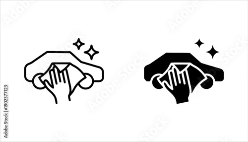 Car drying and polishing icons person with cloth cleaning vehicle and showing sparkles