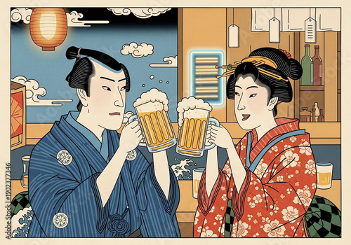 イラスト：仕事帰りの一杯を楽しむ侍と町娘の晩酌