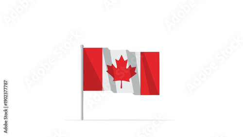 The flag of Canada waving on a white background with a red maple leaf and red and white stripes.