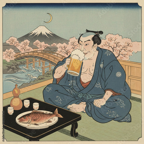 富士山と桜を眺めながらビールを飲む侍のイラスト
