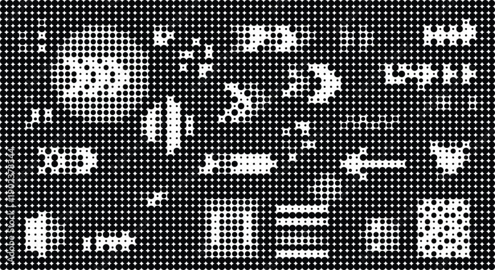 Fototapeta premium Black and white halftone pattern of varying sized circles creating abstract shapes
